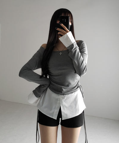 【 ２color ／ ２WAY 】シャツドッキングサイドリボンワンショルトップス ／shirt docking side ribbon oneshoulder tops