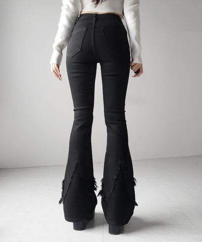 クロスデザインヴィンテージライクフリンジストレッチフレアデニム ／ cross design vintage-like fringe stretch flare denim