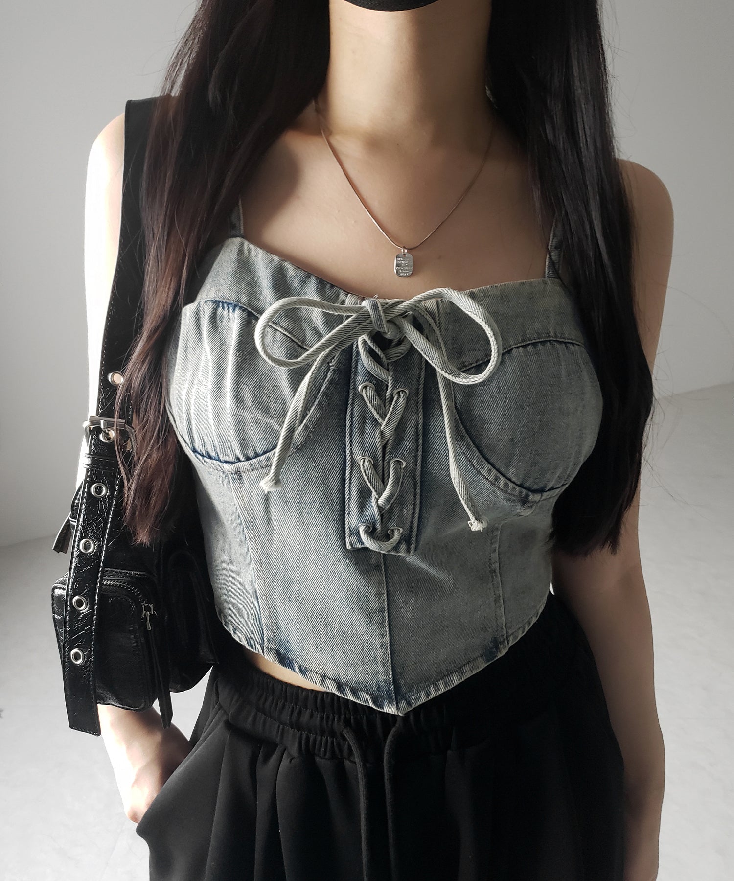 【 ２color 】レースアップリボンコルセットデニムビスチェ ／ lace up ribbon corset denim bustier