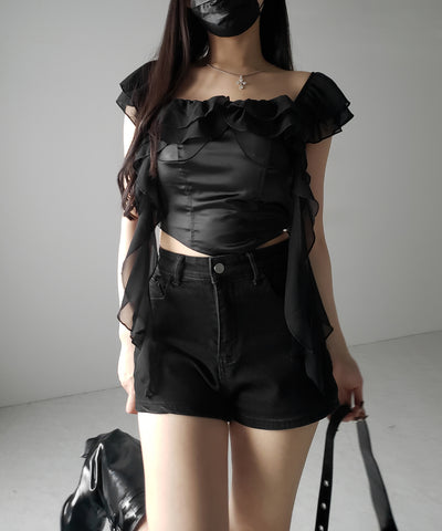 【 ２color ／ ２WAY 】シアーフリルコルセットサテンショートブラウス ／ sheer frill corset satin short blouse