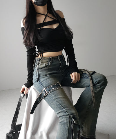 【 ２color ／ ４size 】ベルテッドアウトポケットヴィンテージフレアデニム ／ belted out pocket vintage flare denim