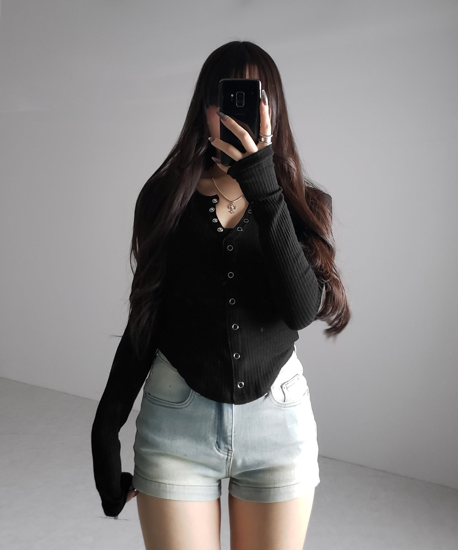 スナップボタンタイトリブカットソートップス ／ snap button tight ribbed cutsew tops