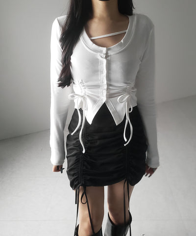 【 ２color ／ 裏起毛 】ナナメストラップダブルシャーリングリボントップス ／ naname strap double shirring ribbon tops