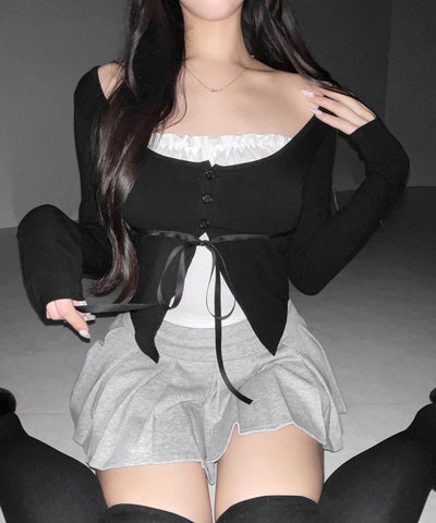 フリルレイヤードリボンカーディガントップス ／ frill layered ribbon cardigan tops