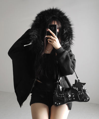 【 セットアップ 】裏起毛ファーフードオーバージップパーカー＆スウェットショートパンツ ／ Urakimo fur over zip hoodie ＆ sweat short pants SETUP