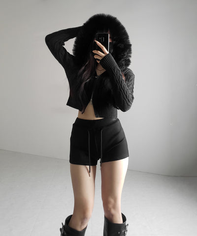 ファーフーディダブルジップショートニットパーカー ／ Fur hooded double zip short knit hoodie