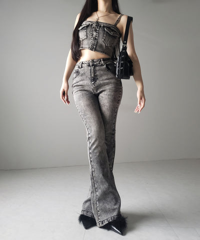 【 セットアップ 】ヴィンテージライクデニムビスチェ ＋ ストレッチフレアデニム SET ／ 【 SET UP 】 vintage like denim bustier + stretch flare denim
