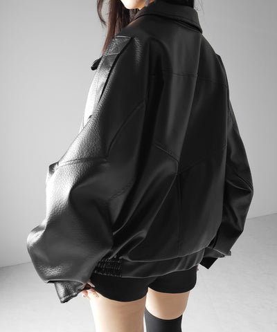 ヴィンテージフェイクレザースタンドカラージップアップブルゾン ／ 2WAY vintage fake leather stand collar zipup blouson