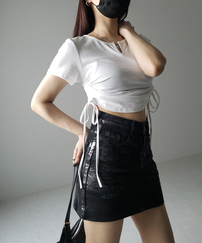 【 ２color 】サイドシャーリングリボン半袖ショートＴシャツ ／ side shirring ribbon short Tee