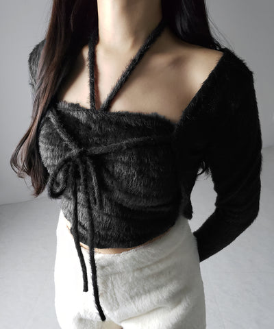 【 ２点セット 】シャギーリボンベアトップス ＆ ショートシャギーカーディガン SET ／ Shaggy ribbon bare tops & short shaggy cardigan