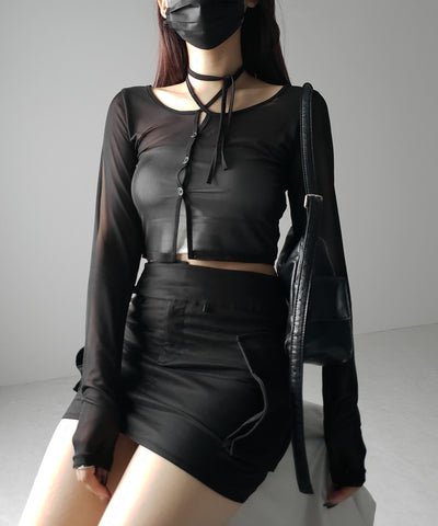【 ３color ／ ２WAY 】クロスストラップリボンシアーショートカーディガン ／ cross strap ribbon sheer short cardigan