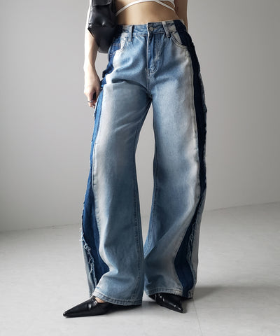 【 選べる３サイズ 】サイドライングラデーションダメージルーズデニム ／ Side line gradation damage loose denim