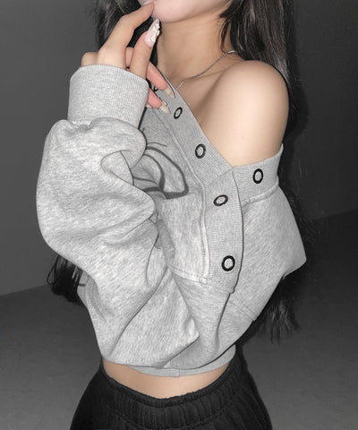 レタリングロゴワンショルスウェットトップス ／ Lettering logo one-shoulder sweat tops
