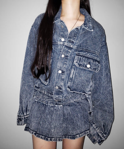 【 セットアップ着用可能 】ヴィンテージケミカルブリーチプリーツデニムミニスカート ／ vintage bleached pleated denim mini skirt