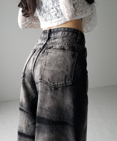 【 ４size 】CRACKクラッシュヘビーブリーチブラックワイドデニム ／ CRACK crash heavy bleach black wide denim