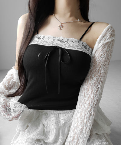 フロントリボンレースショートキャミソール ／ front ribbon lace short camisole