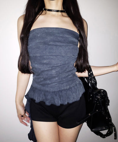 【 ２color 】ヴィンテージピグメントフリルベアトップス ／ vintage pigment frill bare tops