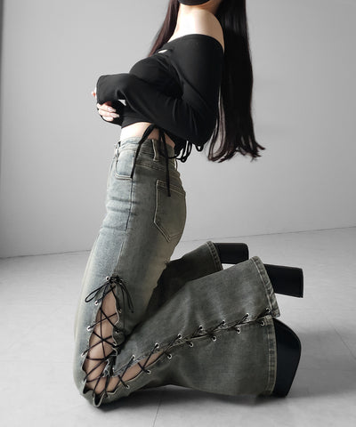 レースアップカットアウトストレッチフレアデニム ／ lace up cutout stretch flare denim
