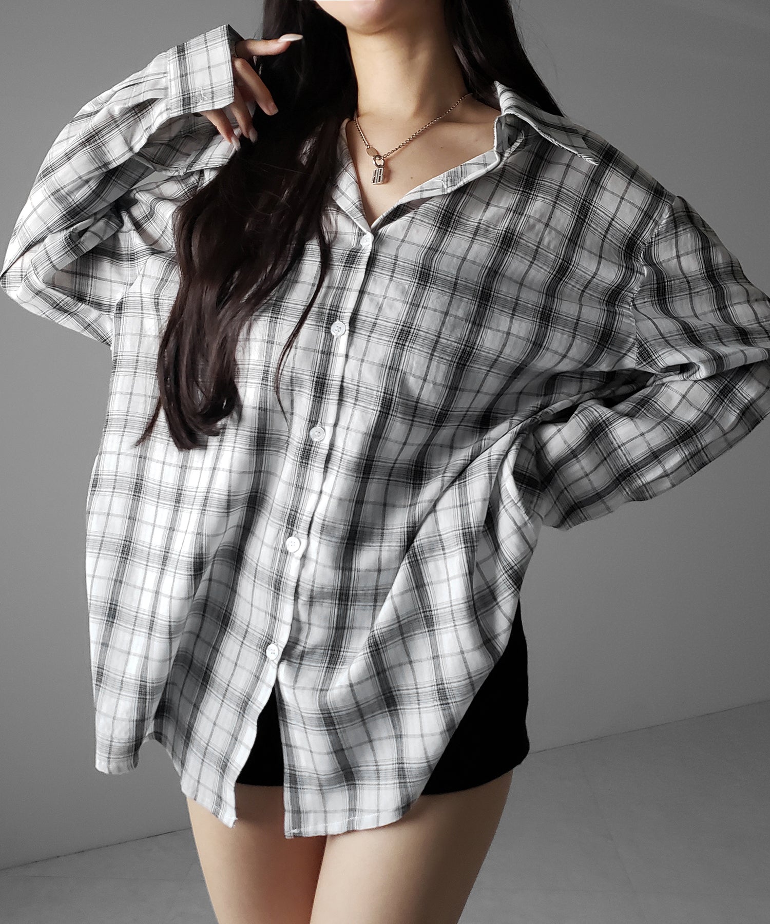 ビッグシルエットブラックシアーチェックシャツ ／ big silhouette black sheer check shirt