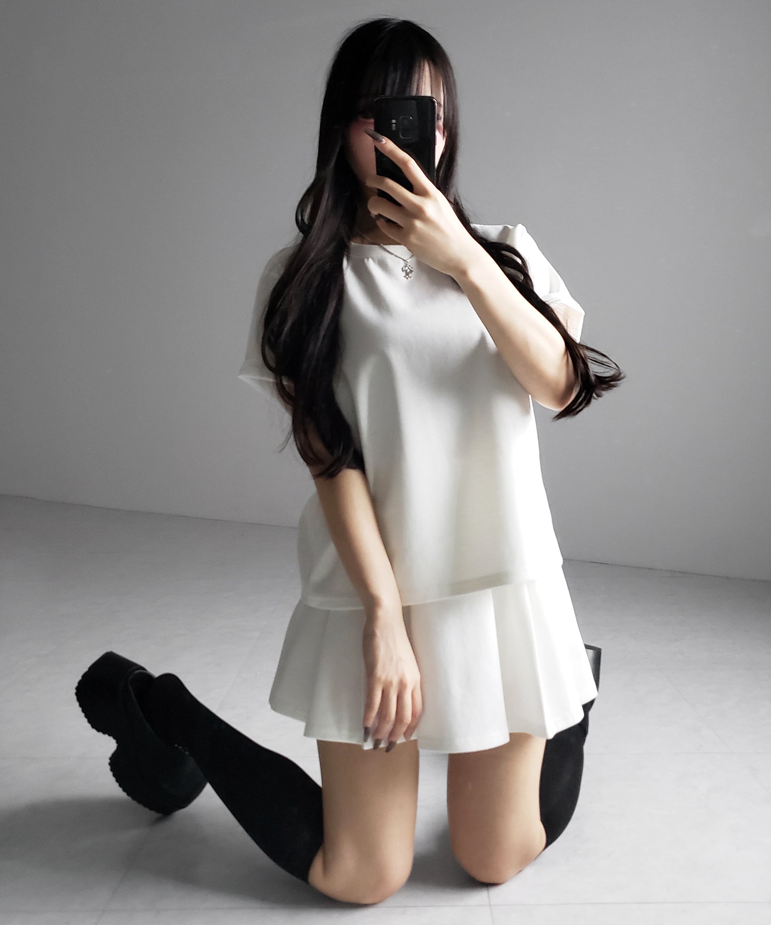 【 セットアップ 】オーバーサイズ半袖Ｔシャツ＋プリーツミニスカート SET ／( SETUP ) oversize shortsleeve Tee + pleated mini skirt SET