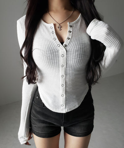 スナップボタンタイトリブカットソートップス ／ snap button tight ribbed cutsew tops