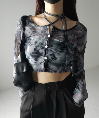 【 ３color ／ ２WAY 】クロスストラップリボンシアーショートカーディガン ／ cross strap ribbon sheer short cardigan