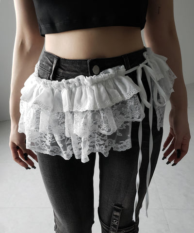 【 ２color 】ストラップリボンレースフリルミニ巻きスカート ／ strap ribbon lace frill mini wrap skirt