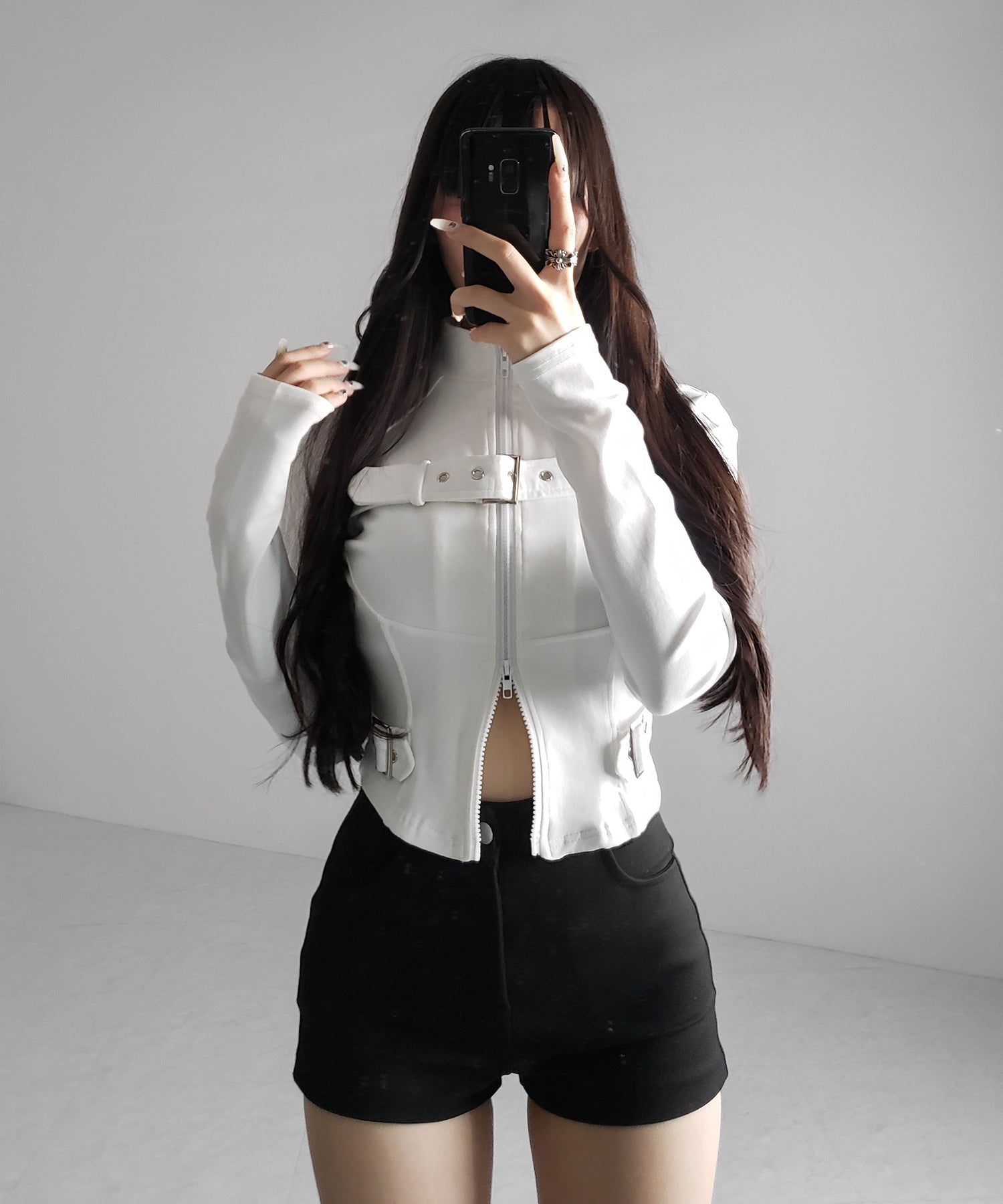 スタンドカラーベルテッドダブルジップスリムトップス ／ stand collar belted double zip slim tops