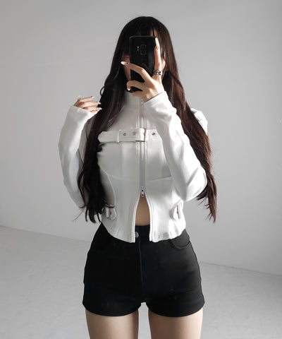 スタンドカラーベルテッドダブルジップスリムトップス ／ stand collar belted double zip slim tops