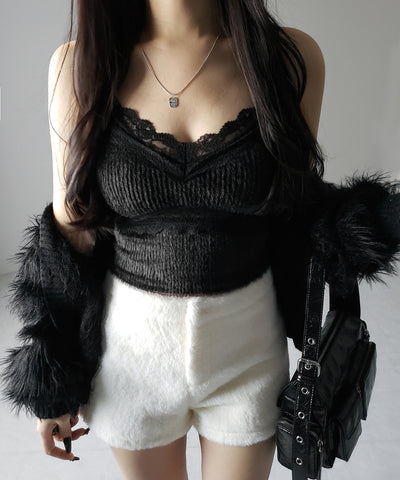 【 カップ付き 】ダブルレースシャギーファーショートビスチェキャミソール ／ double lace shaggy fur short bustier camisole