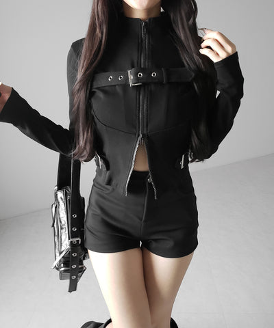 スタンドカラーベルテッドダブルジップスリムトップス ／ stand collar belted double zip slim tops