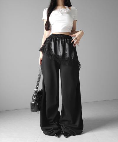 レースドッキングレイヤードスウェットワイドパンツ ／ lace docking layered sweat wide pants