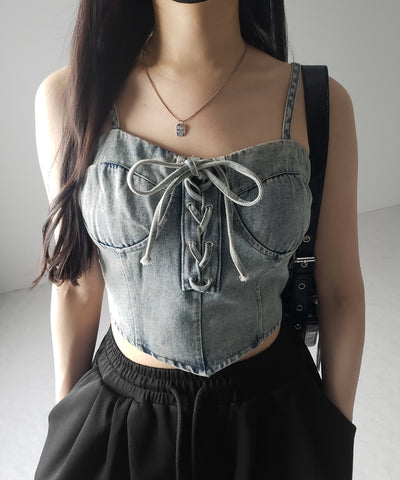 【 ２color 】レースアップリボンコルセットデニムビスチェ ／ lace up ribbon corset denim bustier