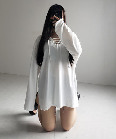 【 ２color 】レースアップルーズシルエット長袖ビッグTシャツ ／ laceup loose silhouette long sleeve big T-shirt