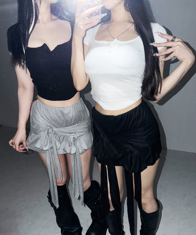 ダブルレイヤードリボンドレープミニスカパン ／ double layered ribbon draped mini skirt pants