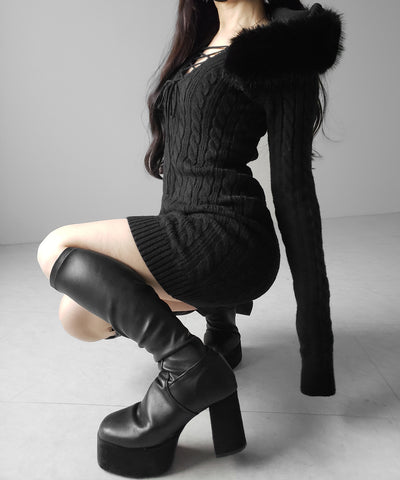 ファーフーディレースアップレディニットミニワンピース ／ fur hoodie lace up lady knit mini onepiece