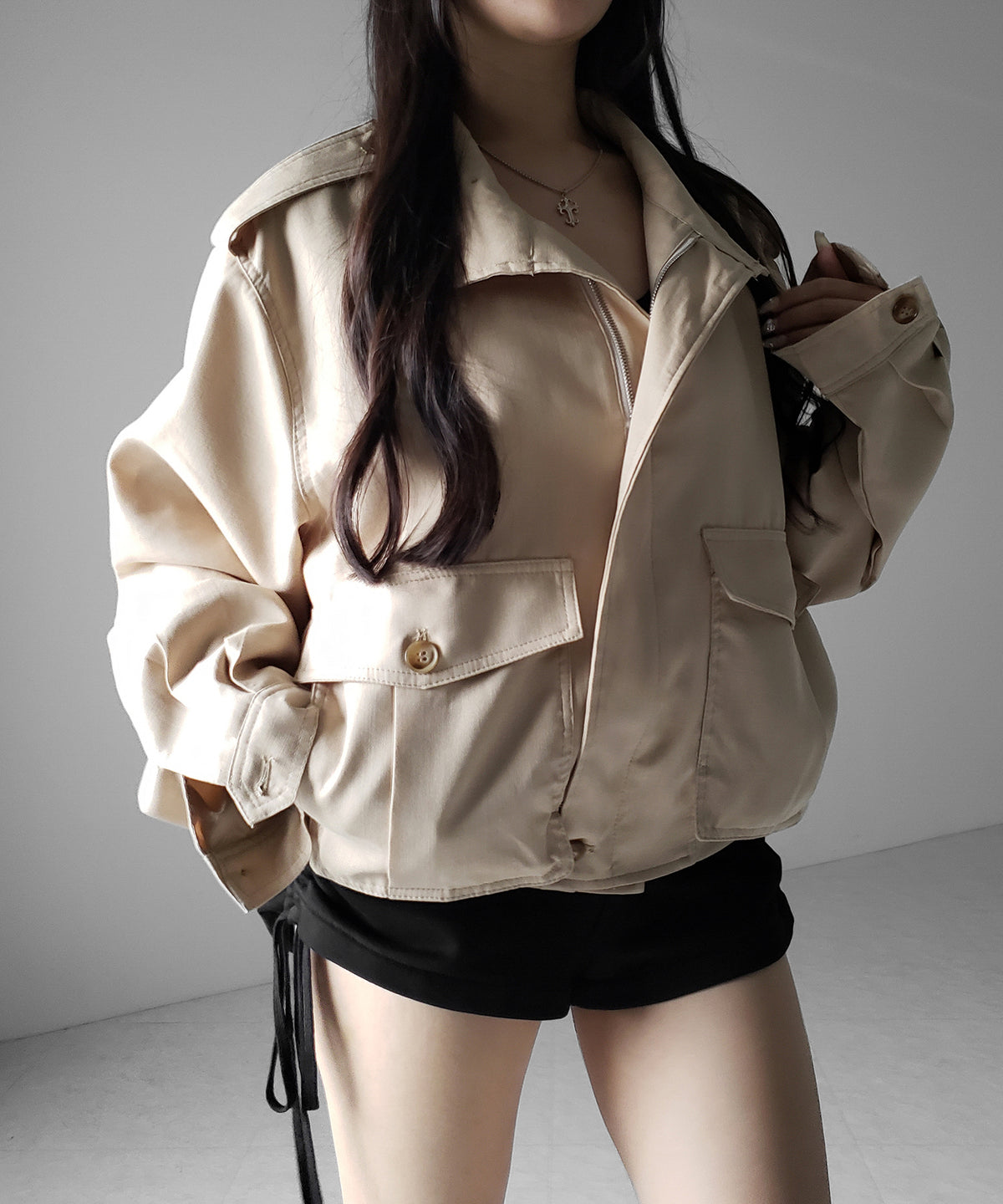 スタンドカラーオーバーショートトレンチコート ／ stand collar over short trench coat