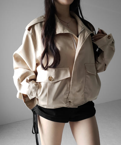スタンドカラーオーバーショートトレンチコート ／ stand collar over short trench coat