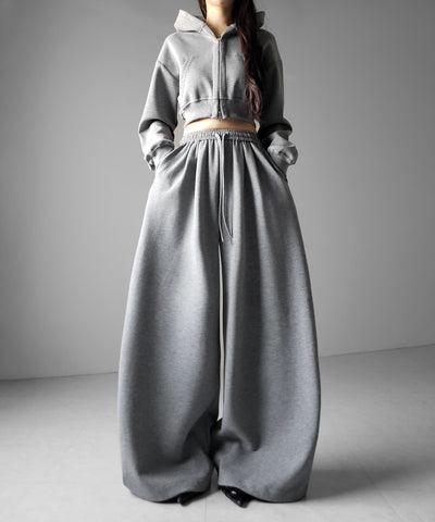 【 セットアップ 】ダブルジップショートパーカー ＋ タックワイドスウェットパンツ SET ／ double zip short hoodie + tuck wide sweat pants SET