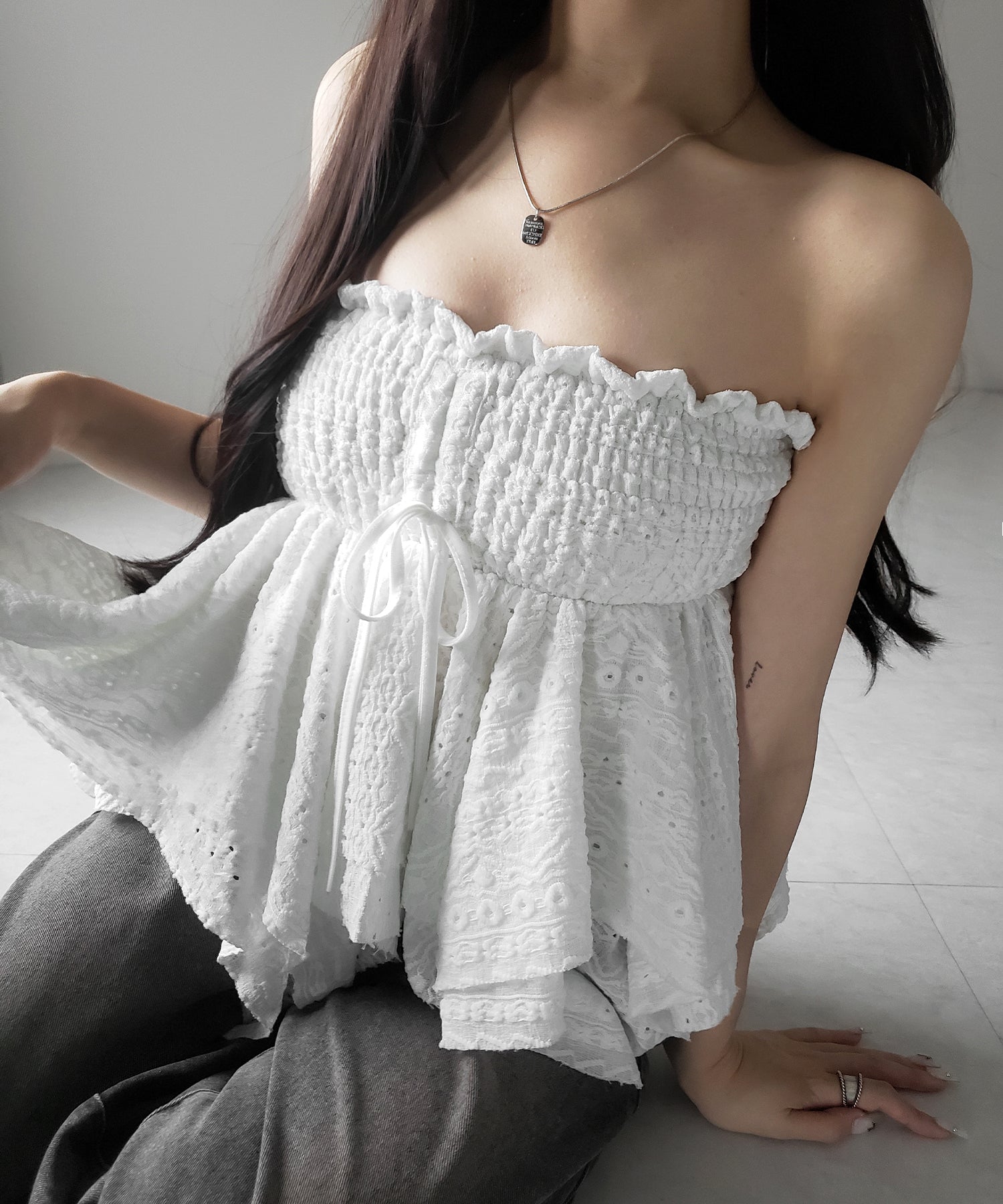 【 トップスとしても使える２WAY 】シャーリングリボンフリルビスチェミニスカート ／ shirring ribbon frill bustier mini skirt