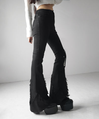 クロスデザインヴィンテージライクフリンジストレッチフレアデニム ／ cross design vintage-like fringe stretch flare denim