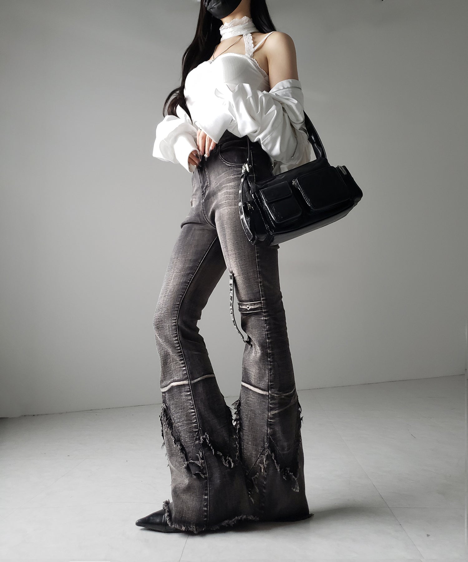 【 ２color ／ ４size 】クロスデザインヴィンテージライクフリンジストレッチフレアデニム ／ cross design vintage-like fringe stretch flare denim