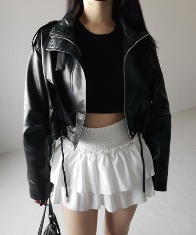 【 ２WAY 】スタンドカラーベルテッドフェイクレザーショートブルゾン ／ stand collar belted fake leather short blouson