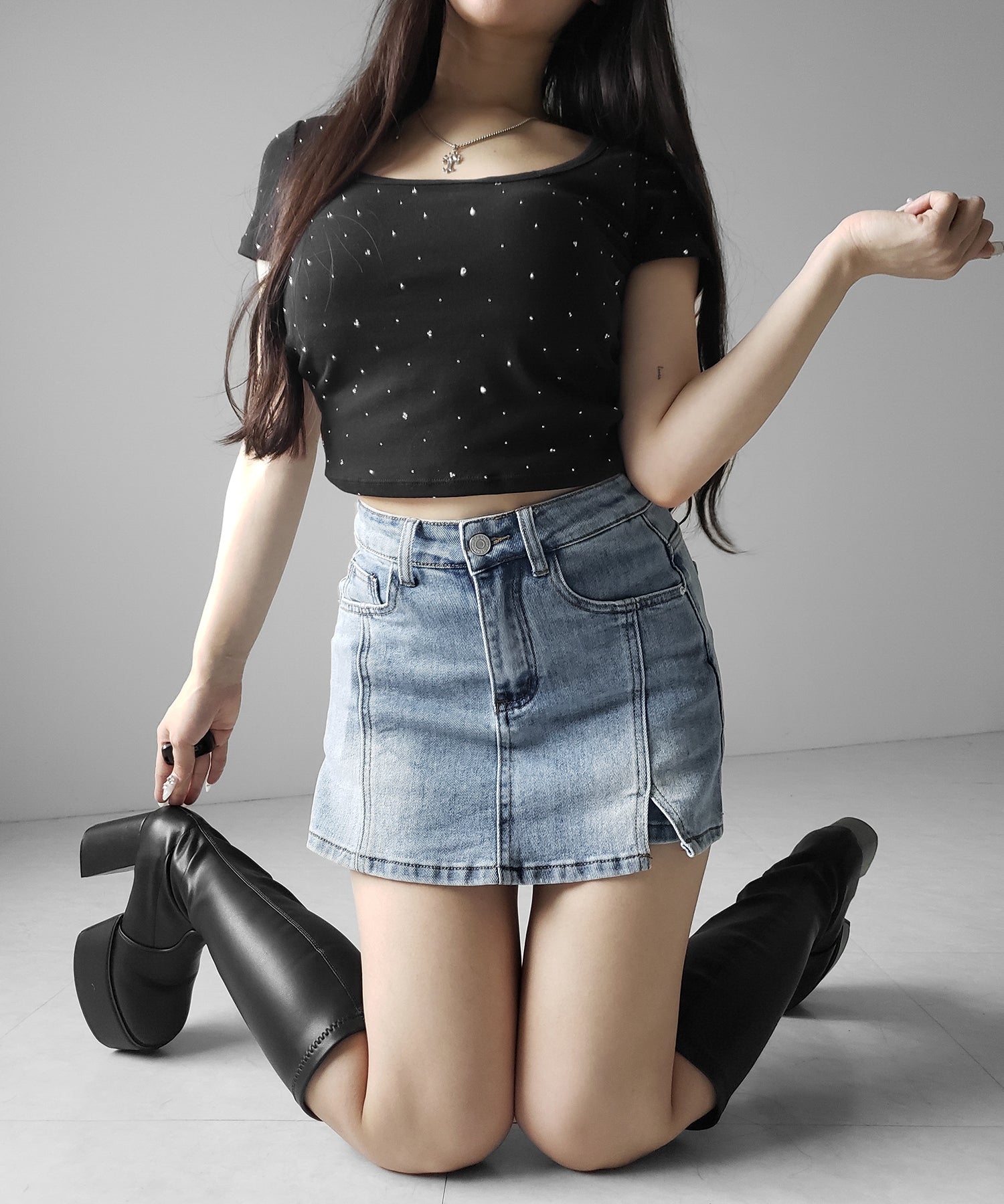 ミニスリットストレッチレイヤードデニムミニスカパン ／ mini slit stretch layered denim mini skirt pants