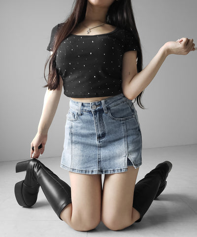 ミニスリットストレッチレイヤードデニムミニスカパン ／ mini slit stretch layered denim mini skirt pants