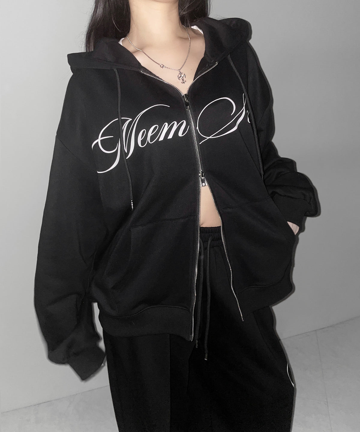 【 セットアップ可能 】レタリングロゴプリントダブルジップビッグパーカー ／ lettering logo print double zip BIG hoodie