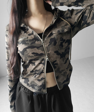 ヴィンテージカモフラダブルジップカットパーカー ／ vintage camouflage double zip cut hoodie