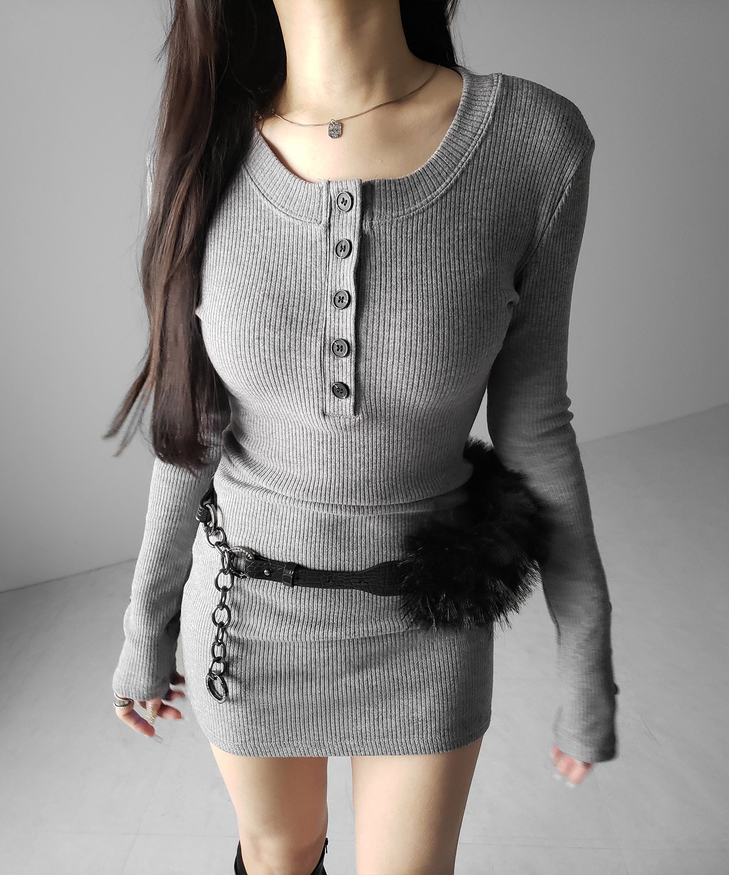 裏起毛ヘンリーネックタイトミニワンピース ／ urakimo henley neck tight mini onepiece