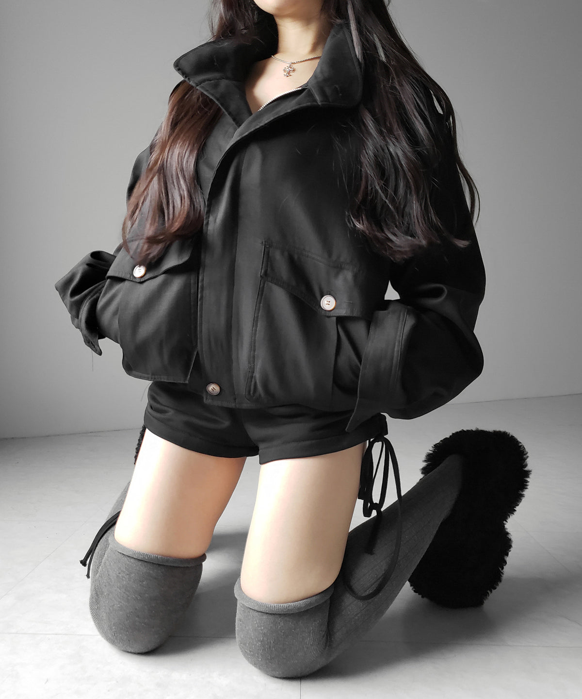 スタンドカラーオーバーショートトレンチコート ／ stand collar over short trench coat