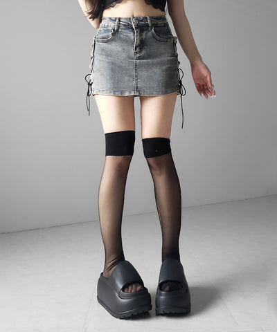 レースアップストレッチデニムミニスカパン ／ lace up stretch denim mini skirt pants